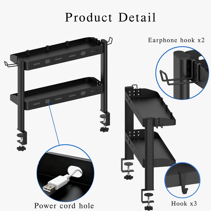 DEARPER Clamp on Desk Shelf, 2-Tier Office Desk Shelves Organizer, 17in Small Shelf for Top of Desk with Headphone Holder and Hooks, Desktop Storage Rack for Home Workspace, Study Rooms, Gaming Accessories - Image 4